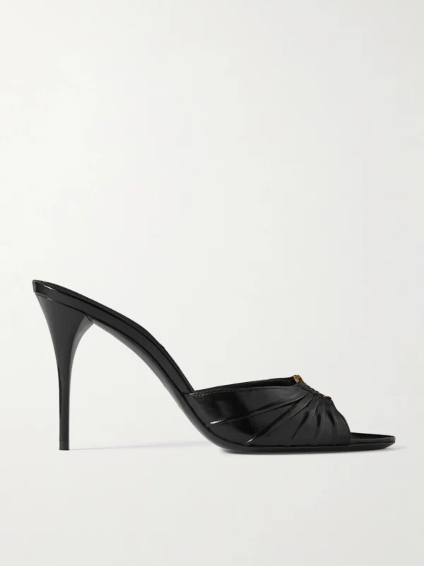Saint Laurent Babylone Cassandre-embellished Gathered Glossed-leather Mules