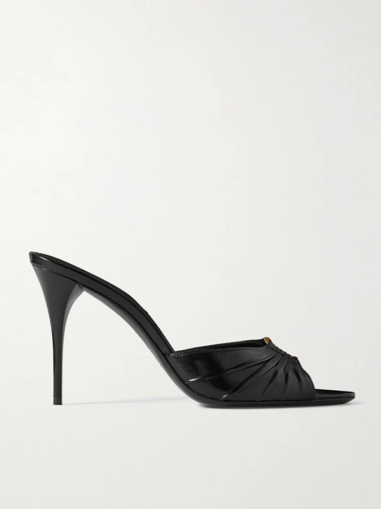 Saint Laurent Babylone Cassandre-embellished Gathered Glossed-leather Mules