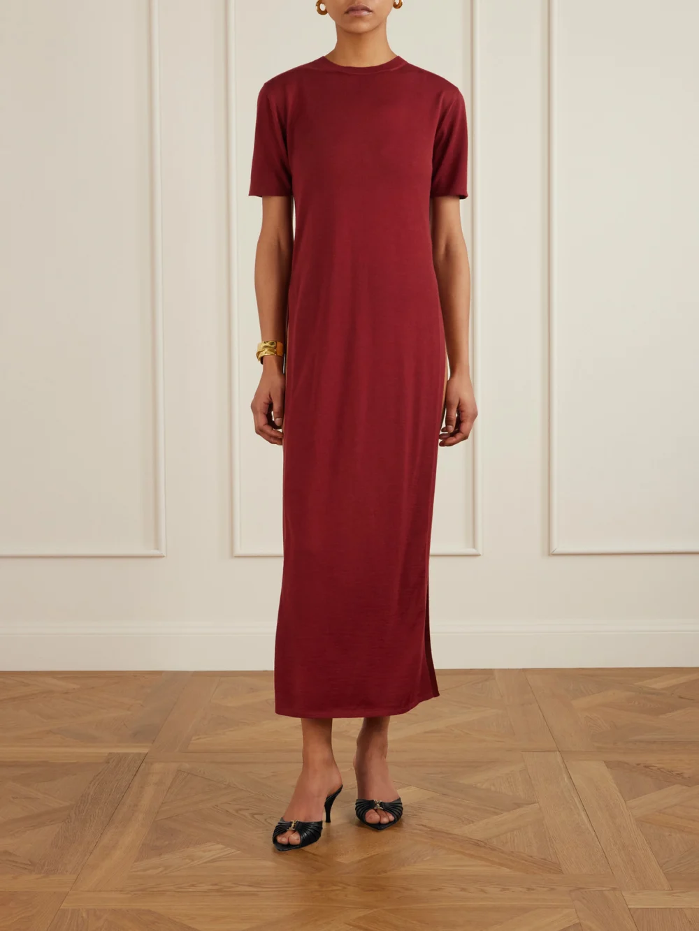 Saint Laurent Babylone Cassandre-embellished Gathered Glossed-leather Mules, styled view