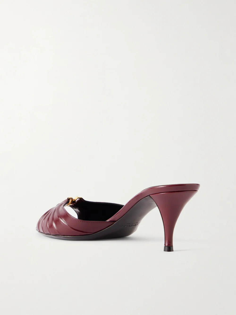 Back view of the Saint Laurent Babylone Cassandre-embellished Gathered Glossed-leather Mules