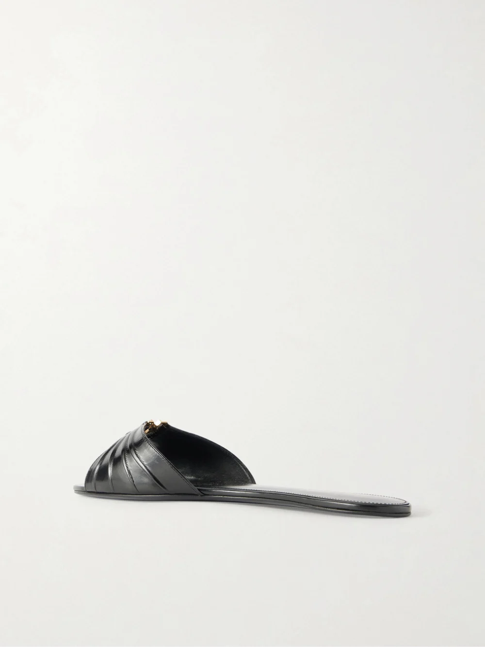 Back view of the Saint Laurent Babylone Cassandre-embellished Gathered Glossed-leather Slides