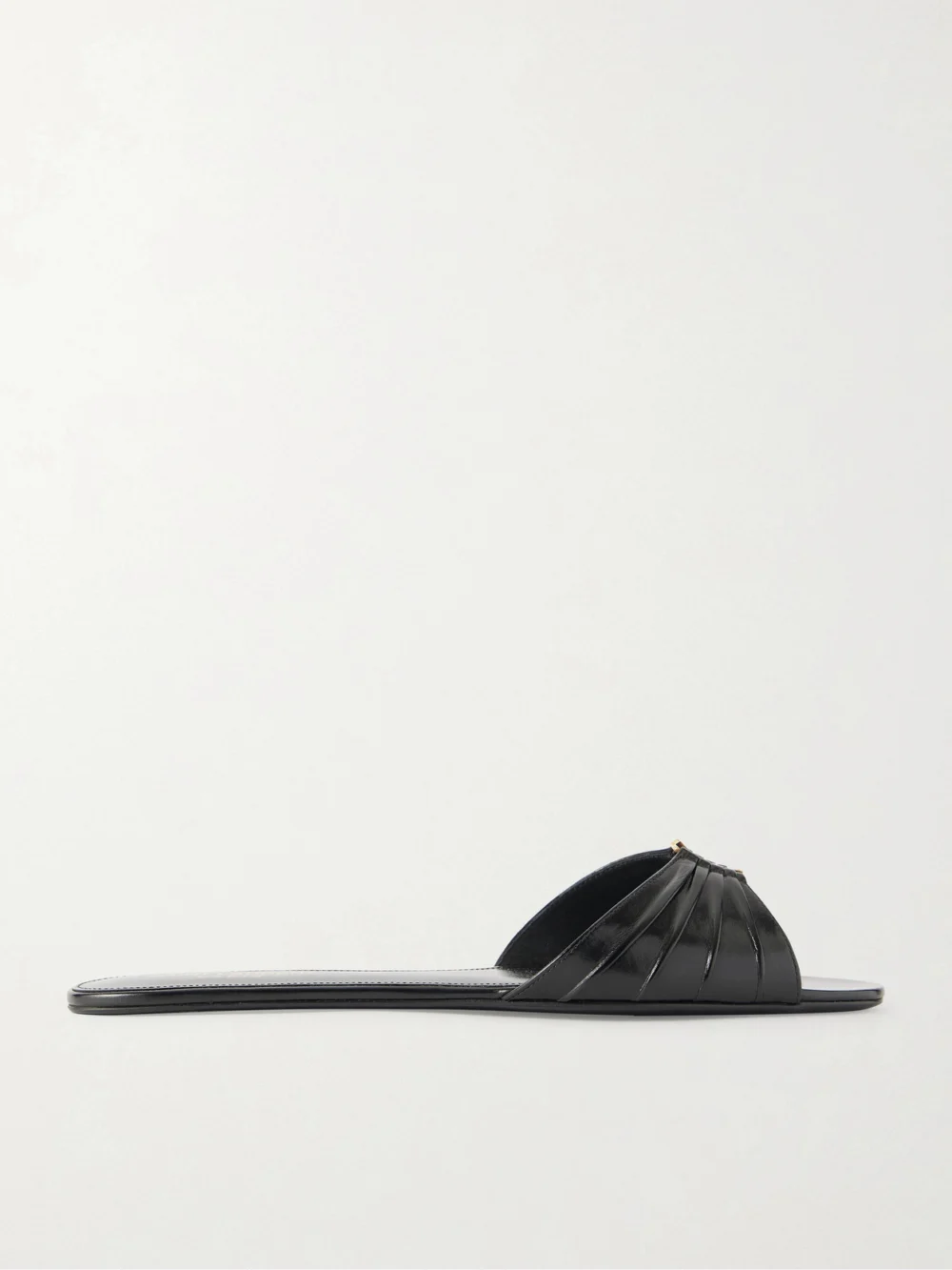 Saint Laurent Babylone Cassandre-embellished Gathered Glossed-leather Slides in black