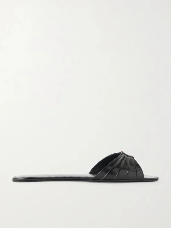 Saint Laurent Babylone Cassandre-embellished Gathered Glossed-leather Slides