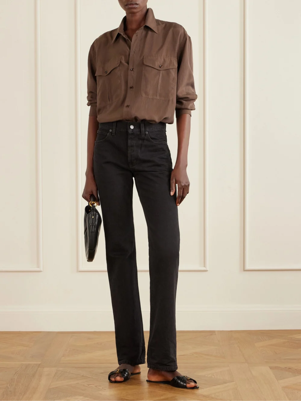 Saint Laurent Babylone Cassandre-embellished Gathered Glossed-leather Slides, styled view