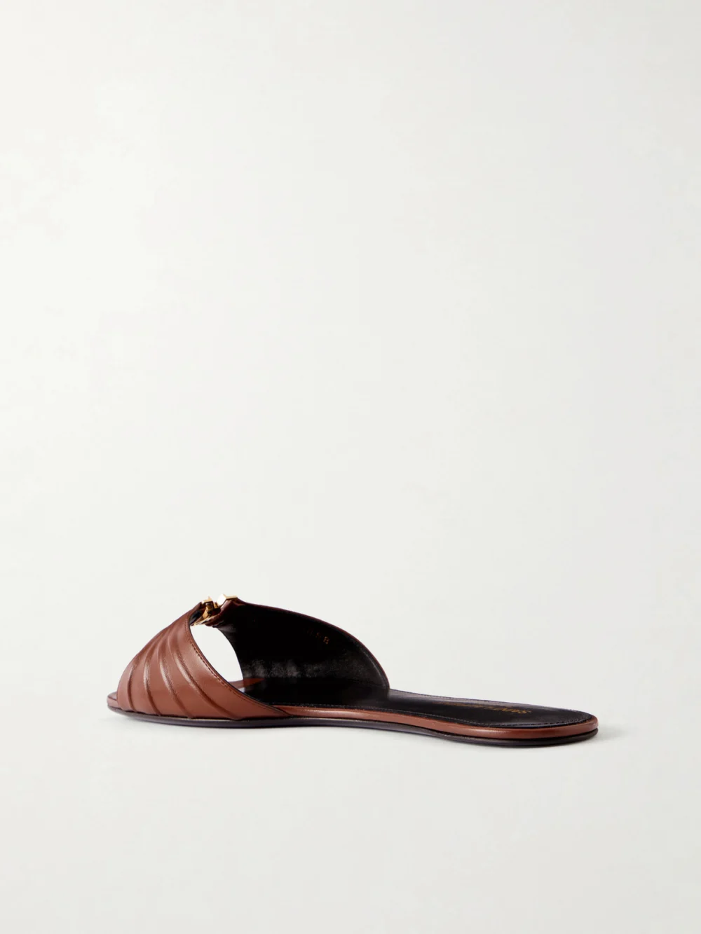 Back view of the Saint Laurent Babylone Cassandre-embellished Gathered Glossed-leather Slides