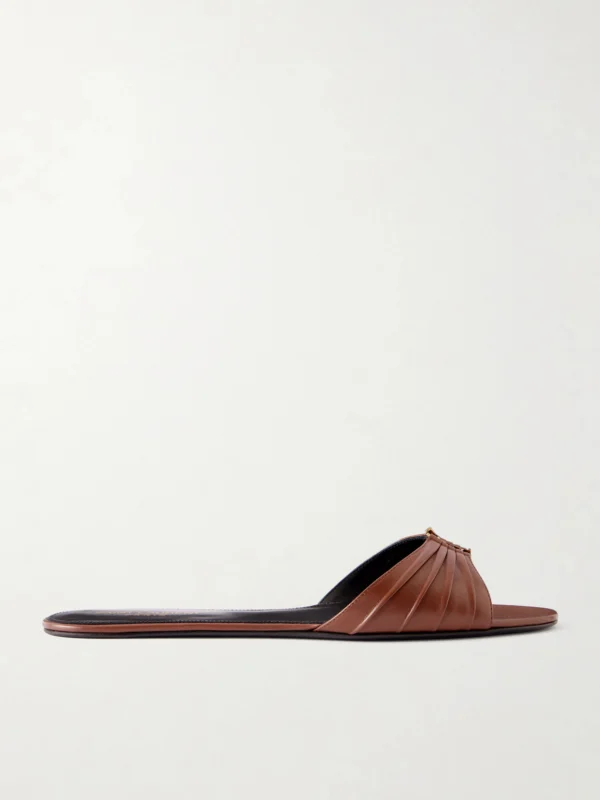 Saint Laurent Babylone Cassandre-embellished Gathered Glossed-leather Slides
