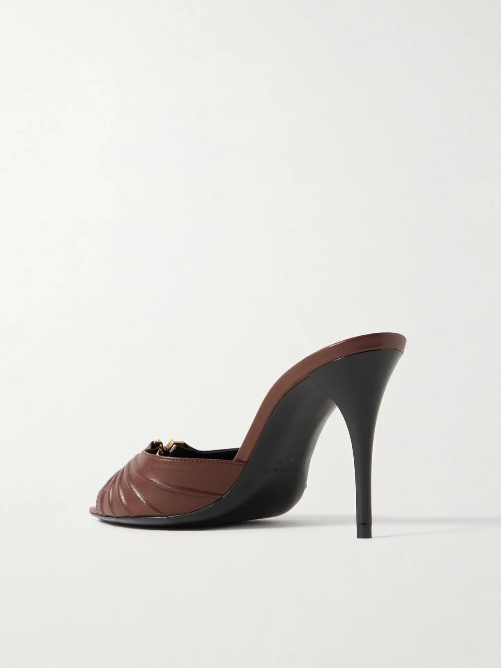 Back view of the Saint Laurent Babylone Cassandre-embellished Gathered Leather Mules