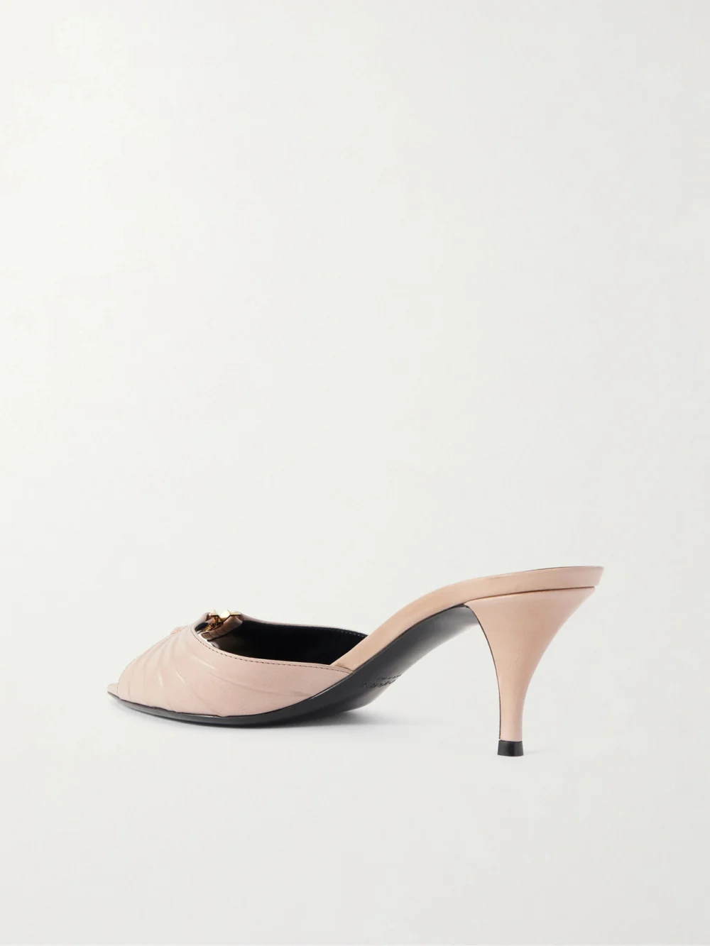 Back view of the Saint Laurent Babylone Cassandre-embellished Gathered Leather Mules