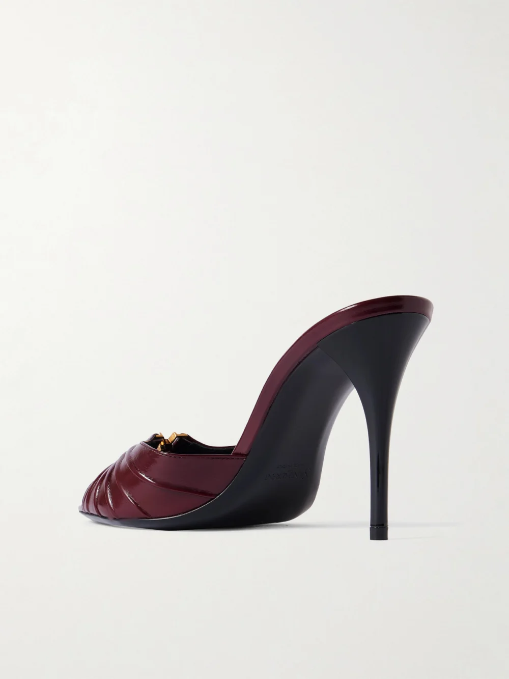 Back view of the Saint Laurent Babylone Cassandre-embellished Gathered Patent-leather Mules