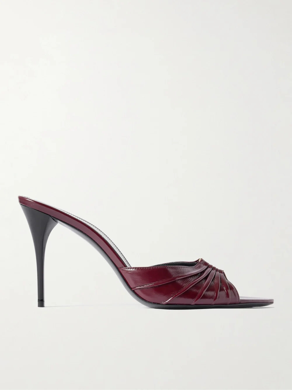 Saint Laurent Babylone Cassandre-embellished Gathered Patent-leather Mules in burgundy