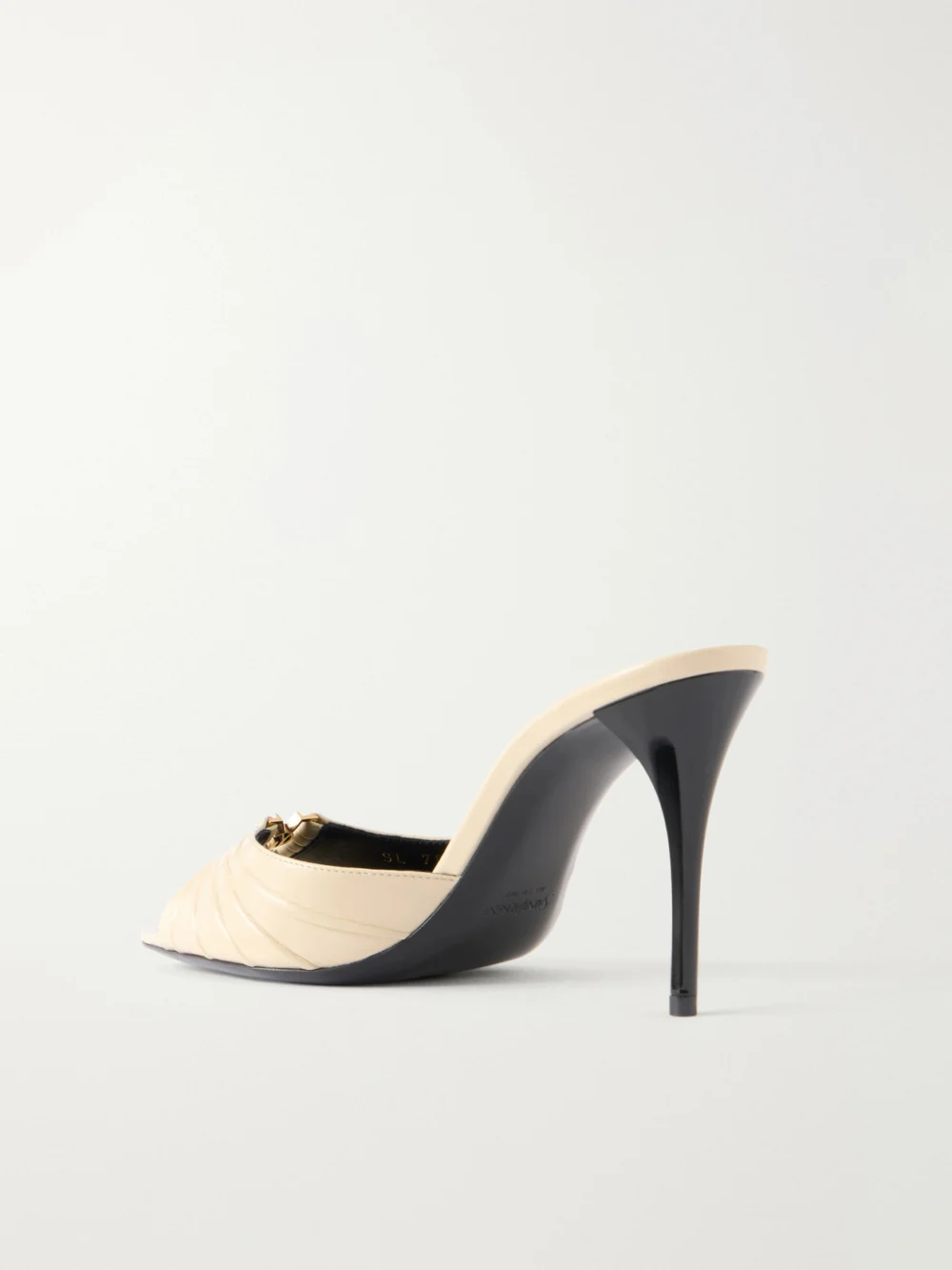 Back view of the Saint Laurent Babylone Cassandre-embellished Gathered Patent-leather Mules