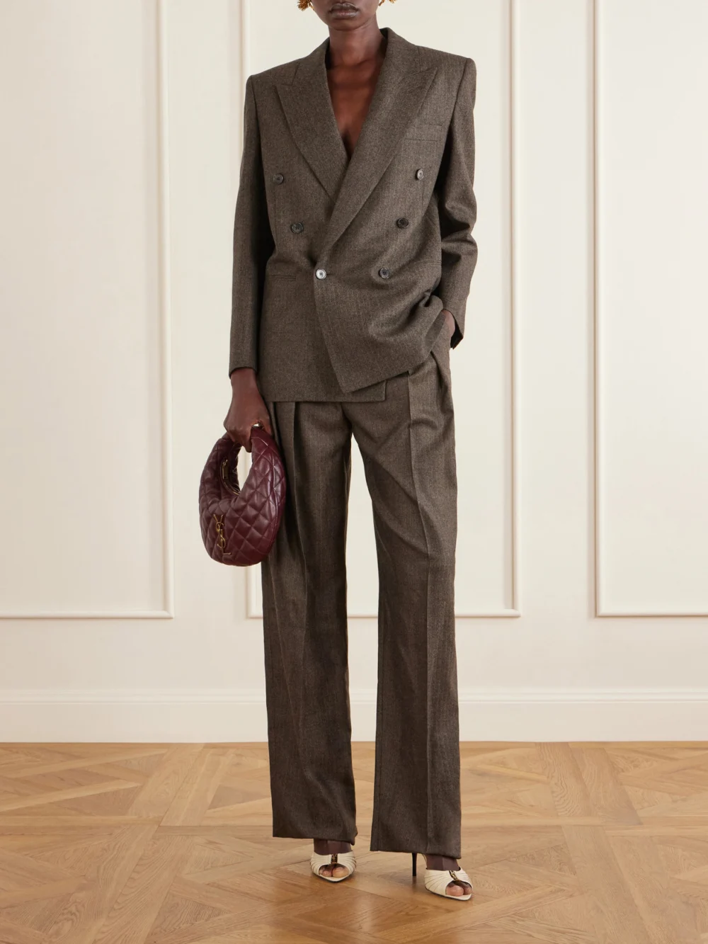 Saint Laurent Babylone Cassandre-embellished Gathered Patent-leather Mules, styled view