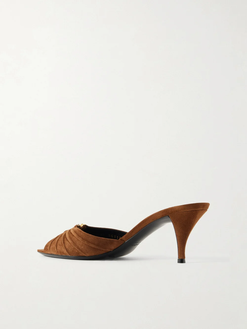 Back view of the Saint Laurent Babylone Cassandre-embellished Gathered Suede Mules