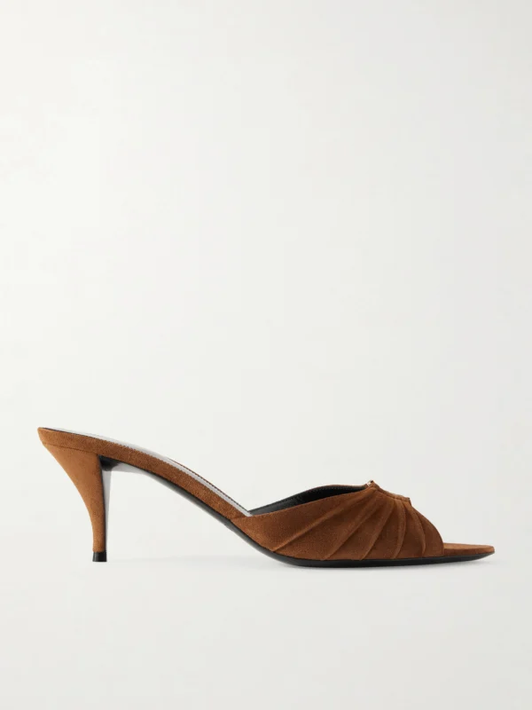 Saint Laurent Babylone Cassandre-embellished Gathered Suede Mules