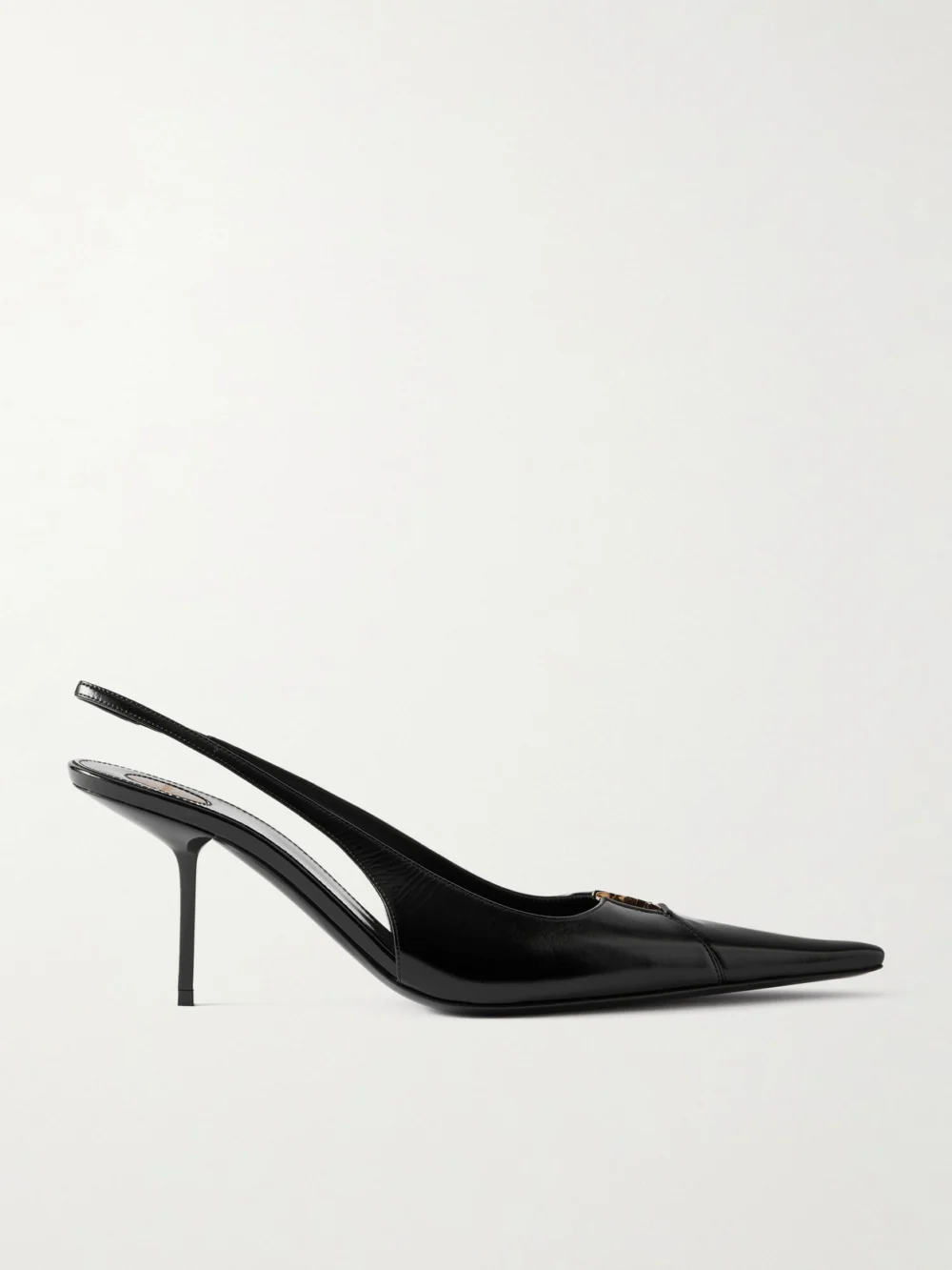 Saint Laurent Babylone Cassandre-embellished Glossed-leather Slingback Pumps in black