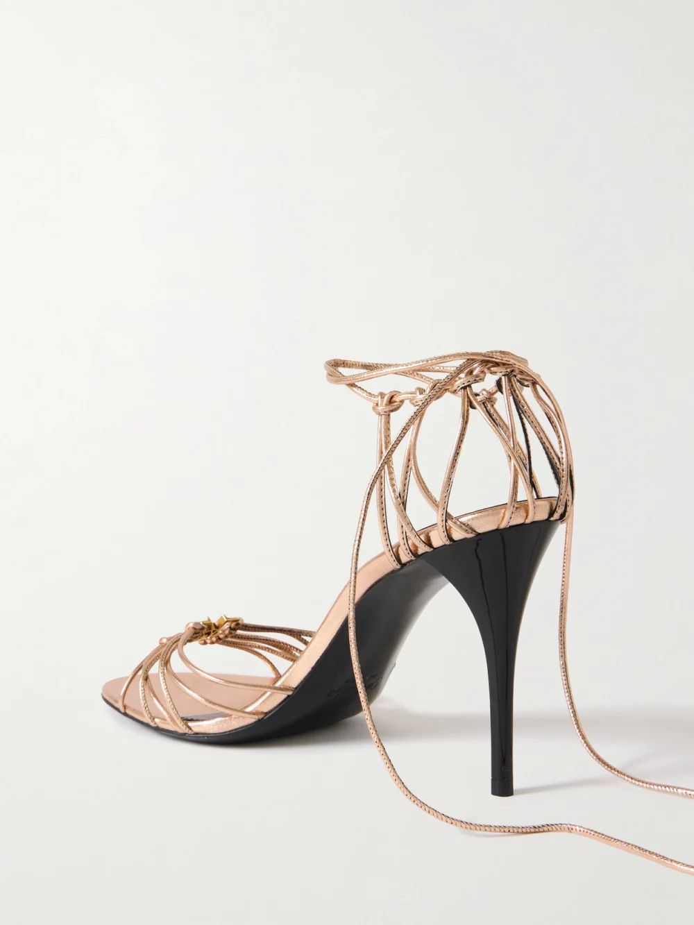 Back view of the Saint Laurent Babylone Cassandre-embellished Knotted Metallic Leather Sandals