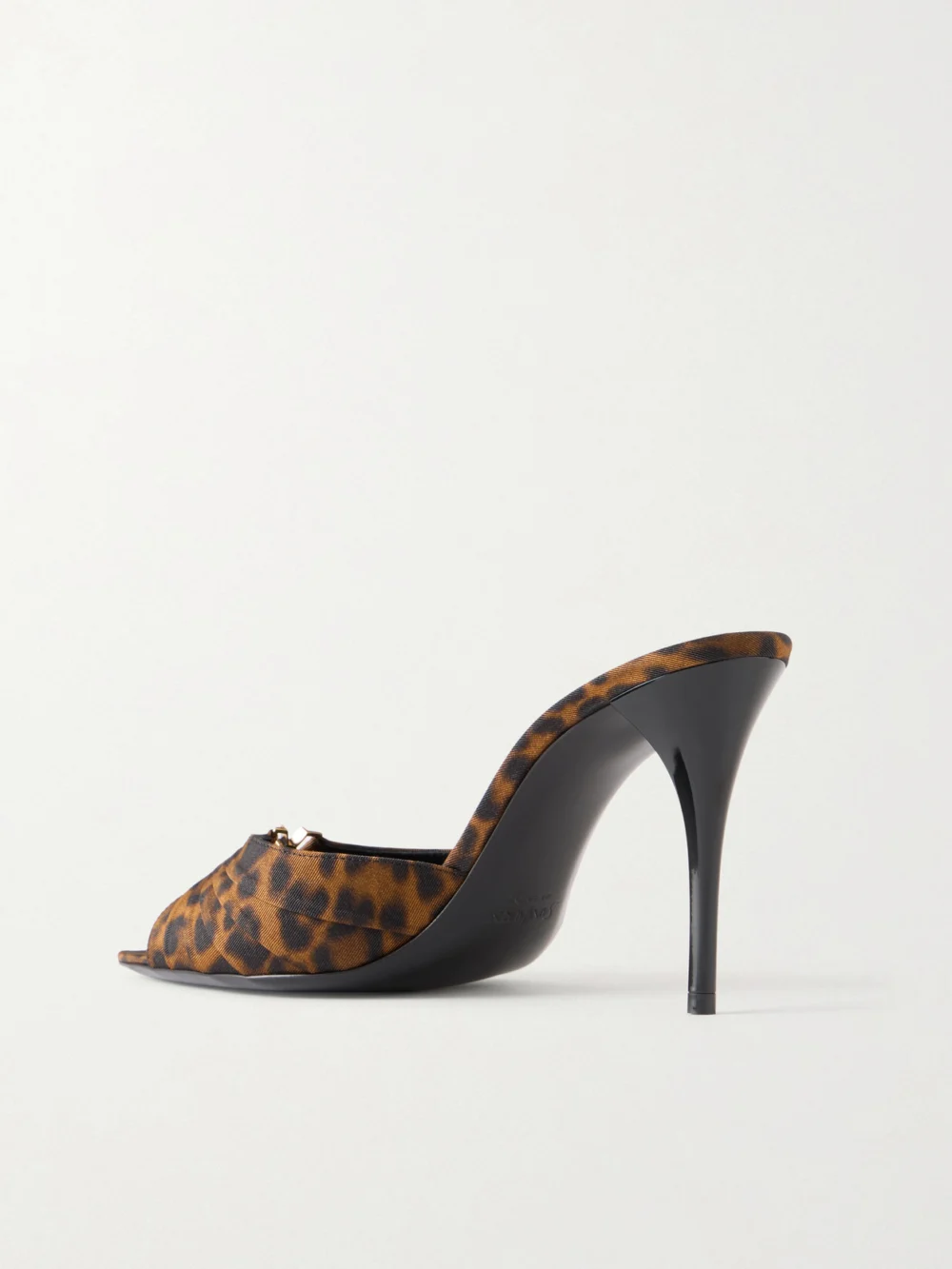 Back view of the Saint Laurent Babylone Cassandre-embellished Leopard-print Faille Mules