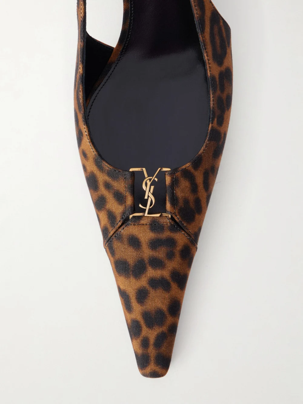Close-up detail of the Saint Laurent Babylone Cassandre-embellished Leopard-print Grosgrain Slingback Pumps