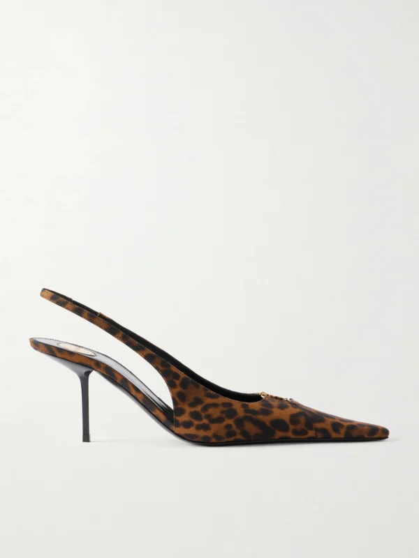 Saint Laurent Babylone Cassandre-embellished Leopard-print Grosgrain Slingback Pumps
