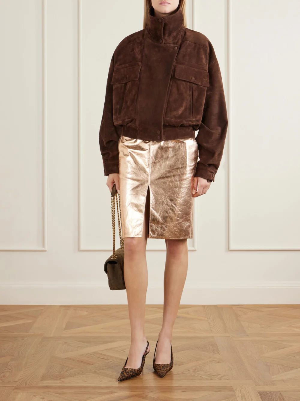 Saint Laurent Babylone Cassandre-embellished Leopard-print Grosgrain Slingback Pumps, styled view
