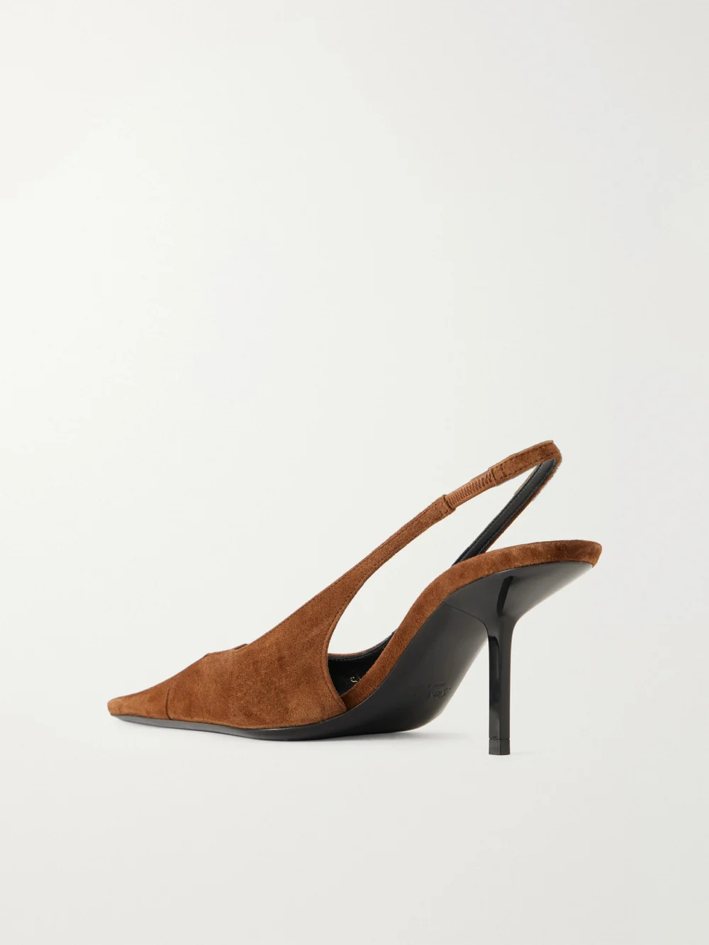 Back view of the Saint Laurent Babylone Cassandre-embellished Suede Slingback Pumps