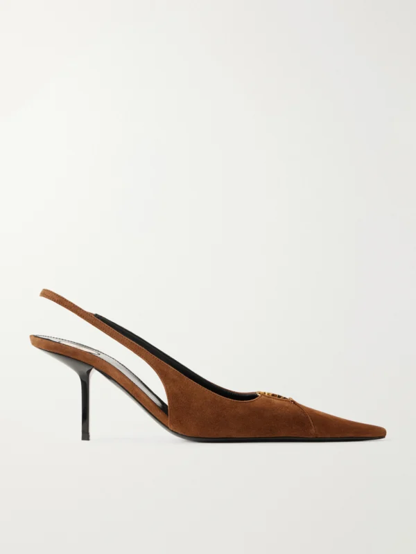 Saint Laurent Babylone Cassandre-embellished Suede Slingback Pumps