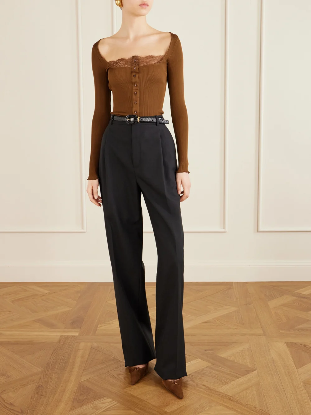 Saint Laurent Babylone Cassandre-embellished Suede Slingback Pumps, styled view