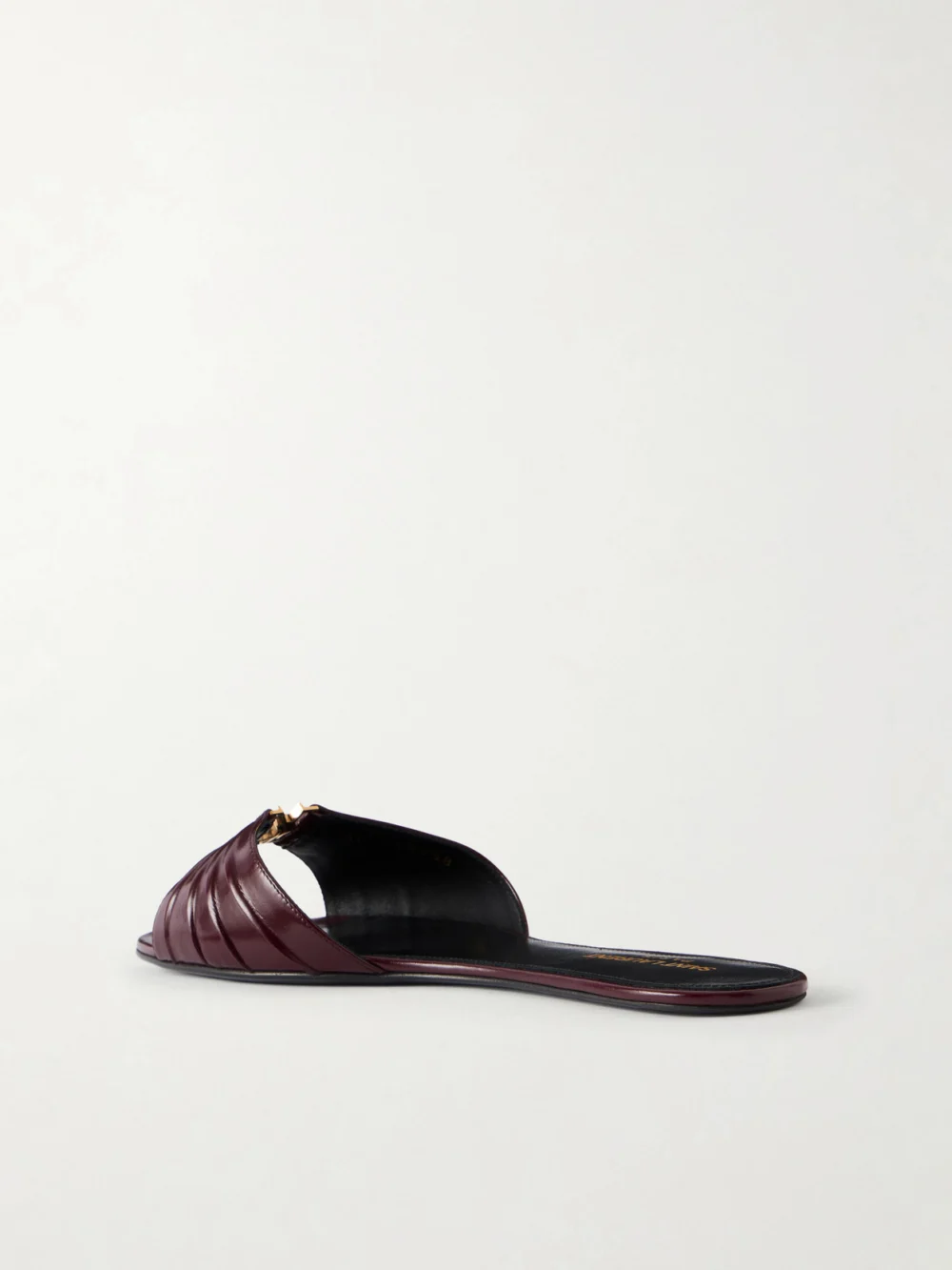 Back view of the Saint Laurent Babylone Cassanre-embellished Gathered Glossed-leather Slides