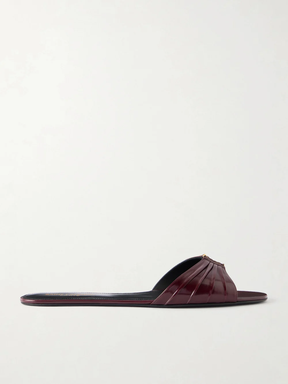 Saint Laurent Babylone Cassanre-embellished Gathered Glossed-leather Slides in burgundy