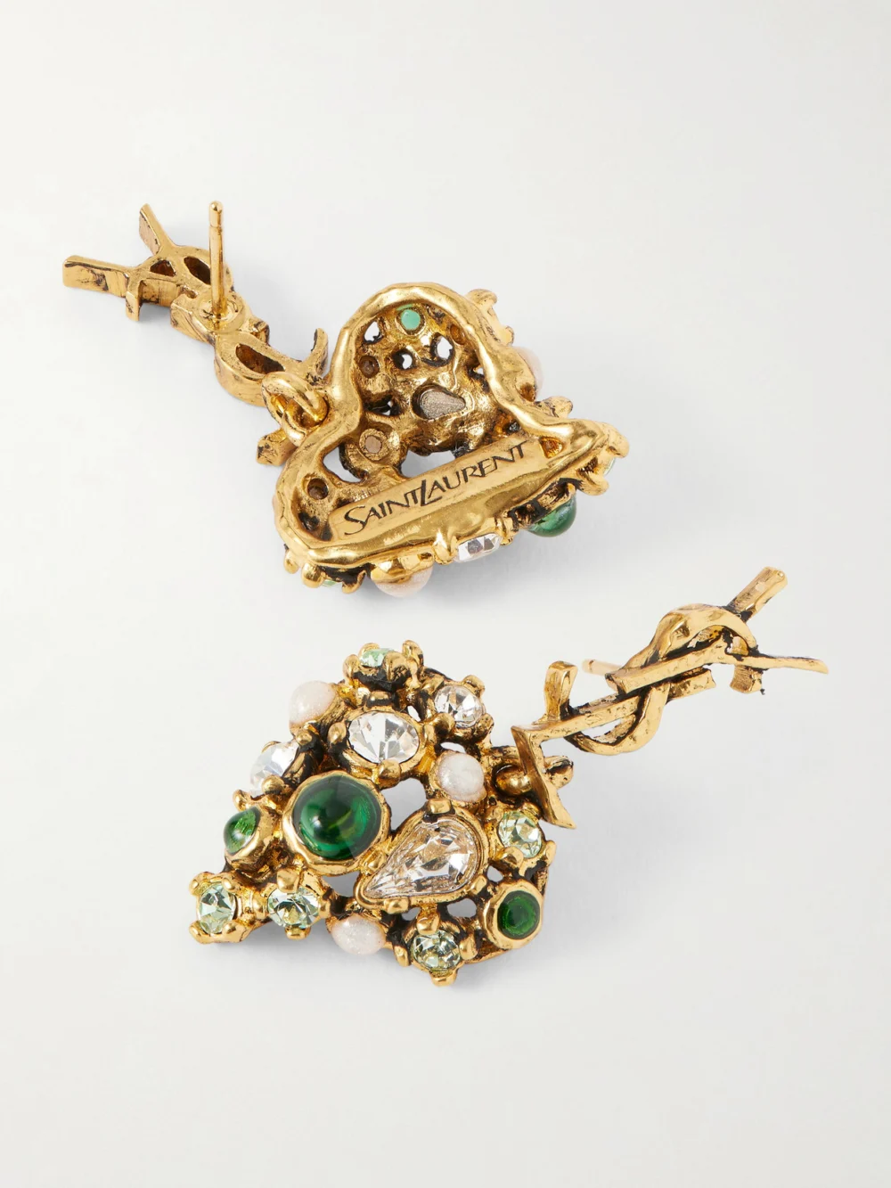 Close-up detail of the Saint Laurent Bo Cassandre Pampilles Coeur Gold-tone and Crystal Earrings