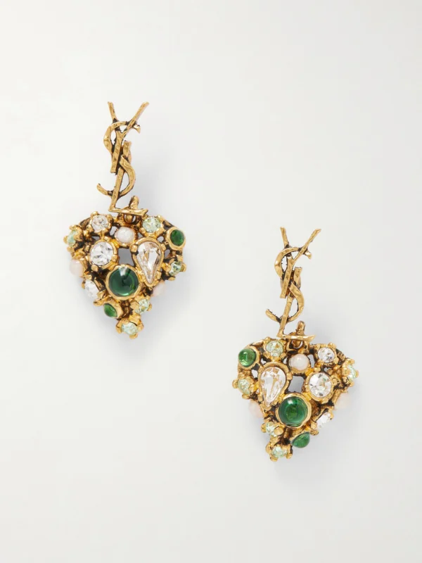 Saint Laurent Bo Cassandre Pampilles Coeur Gold-tone and Crystal Earrings