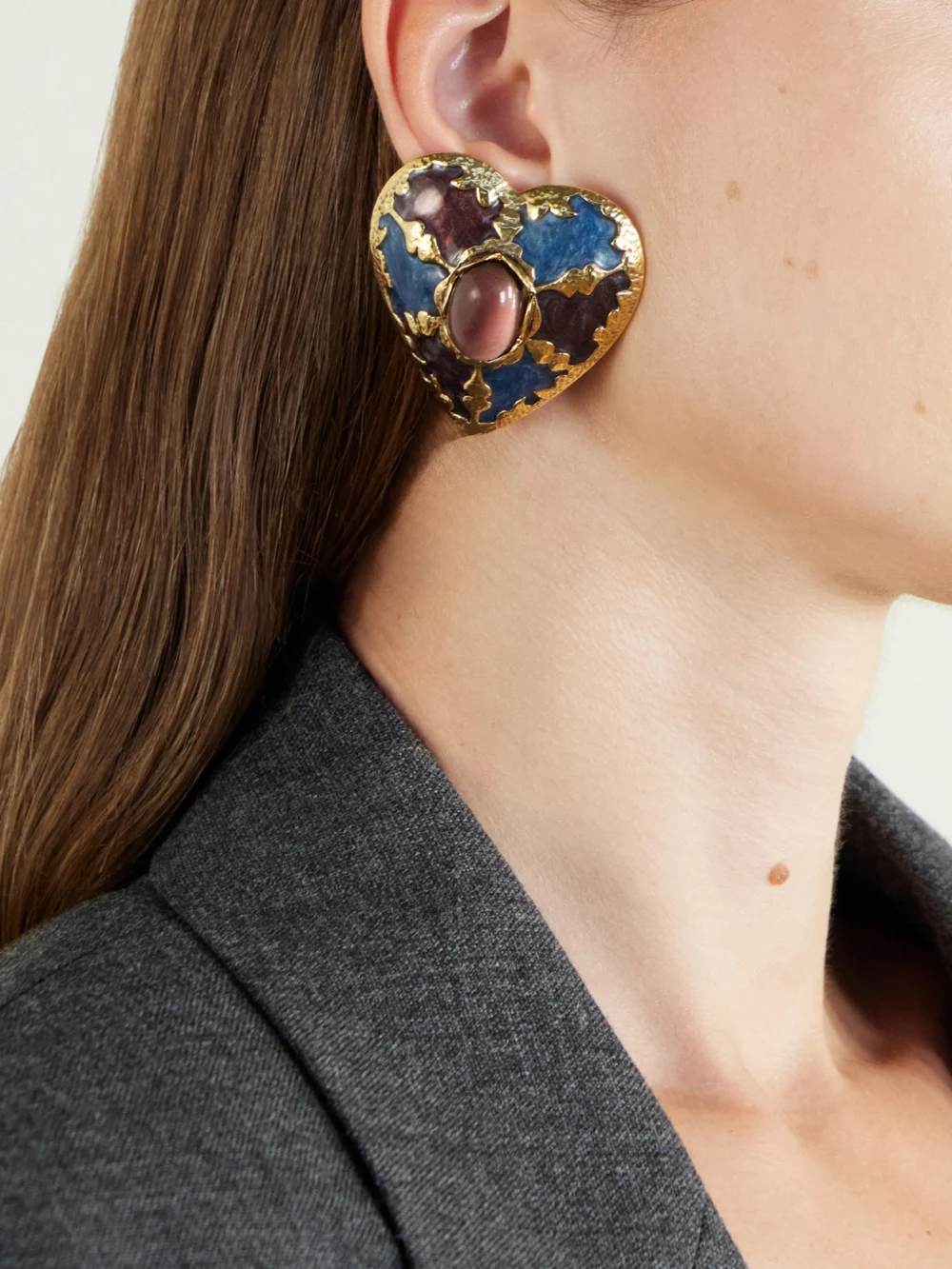 Saint Laurent Bo Coeur Embellished Earrings, styled view