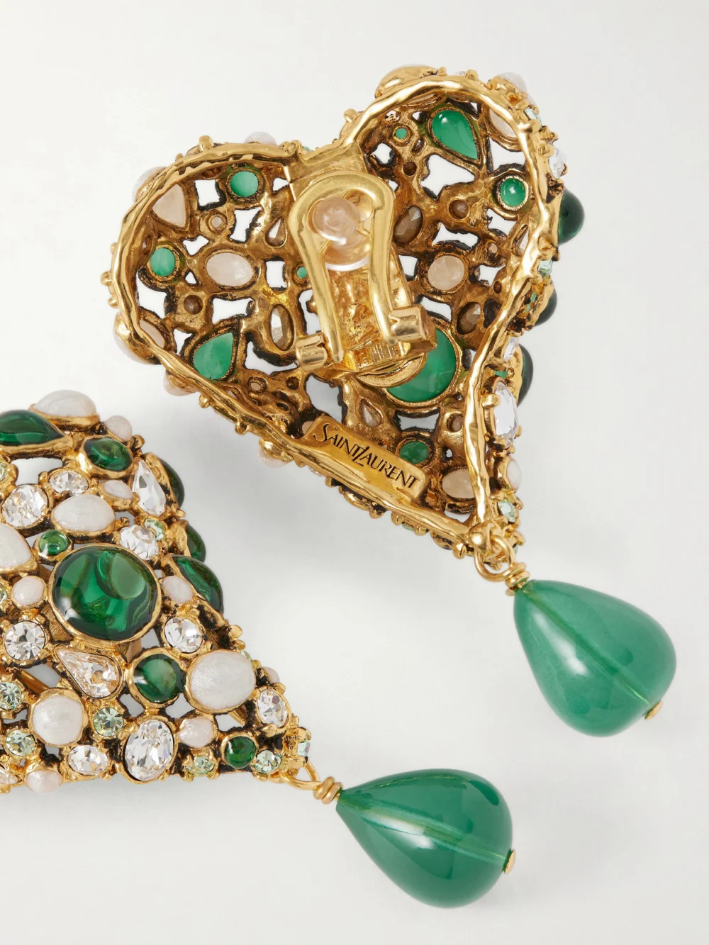 Close-up detail of the Saint Laurent Bo Coeur Fetiche Gold-tone and Crystal Clip Earrings