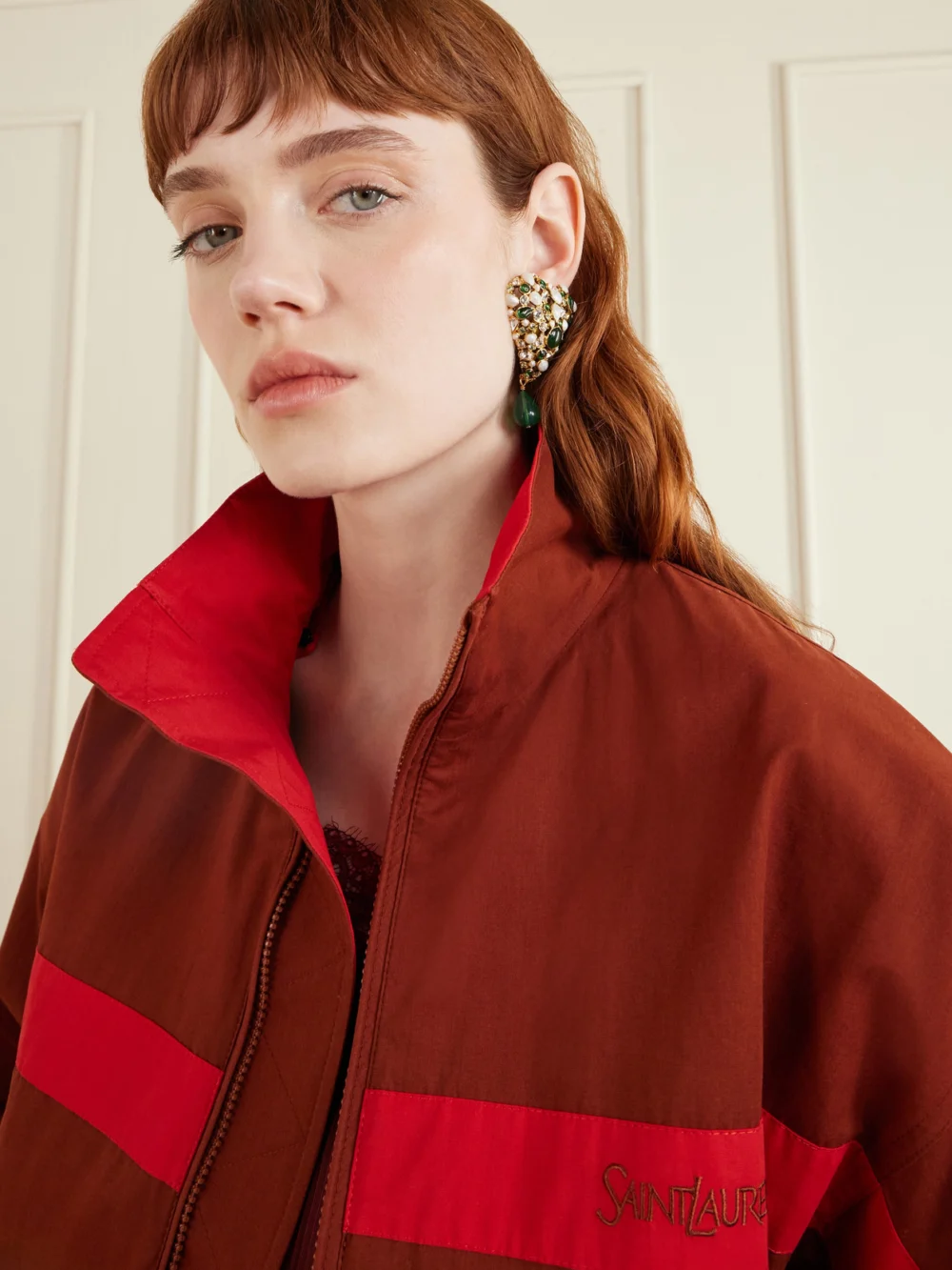 Saint Laurent Bo Coeur Fetiche Gold-tone and Crystal Clip Earrings, styled view