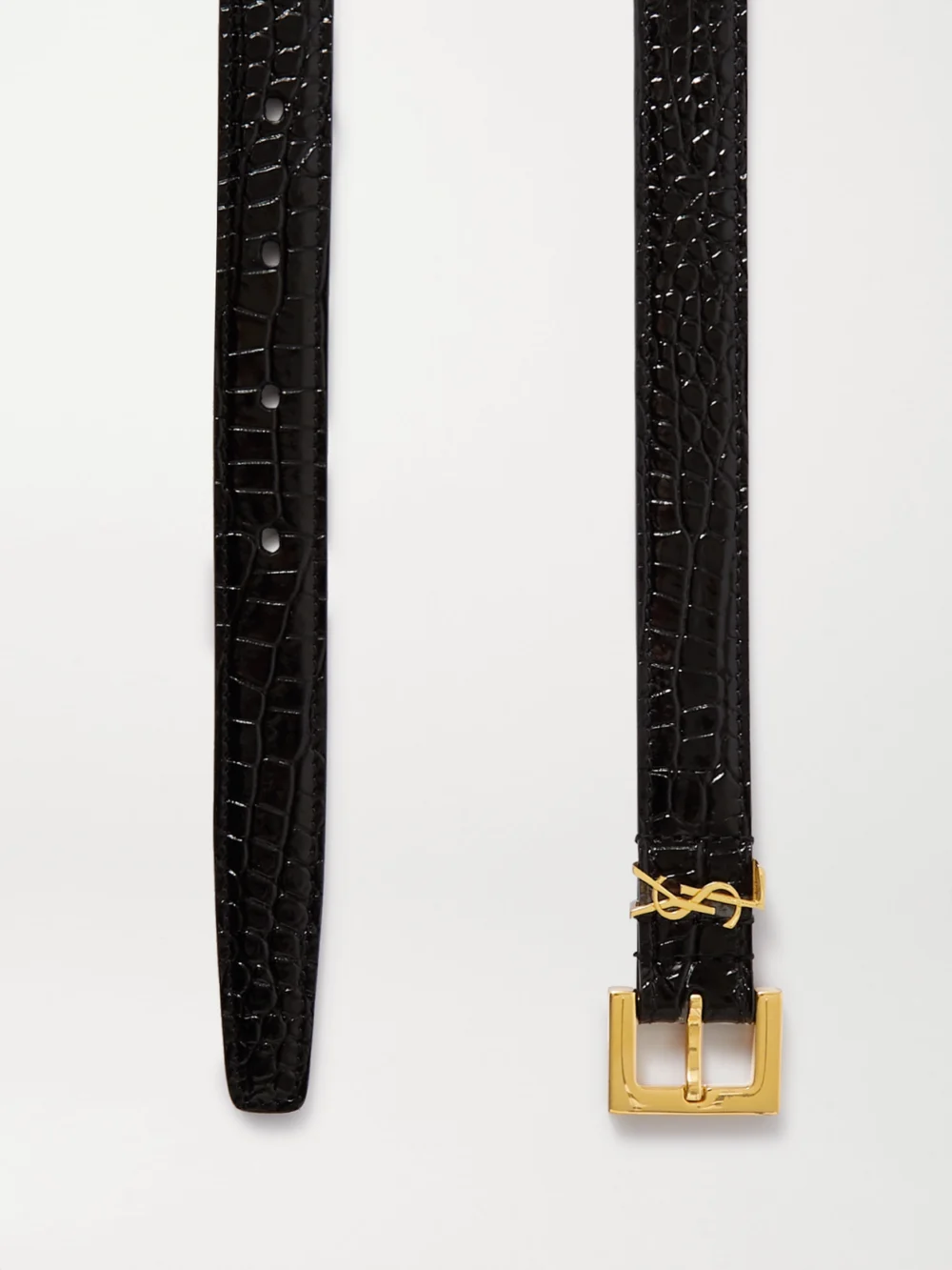 Close-up detail of the Saint Laurent Cassandre Embellished Croc-effect Leather Belt