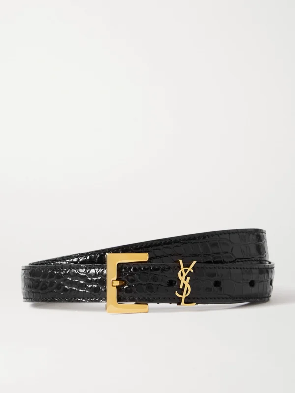 Saint Laurent Cassandre Embellished Croc-effect Leather Belt