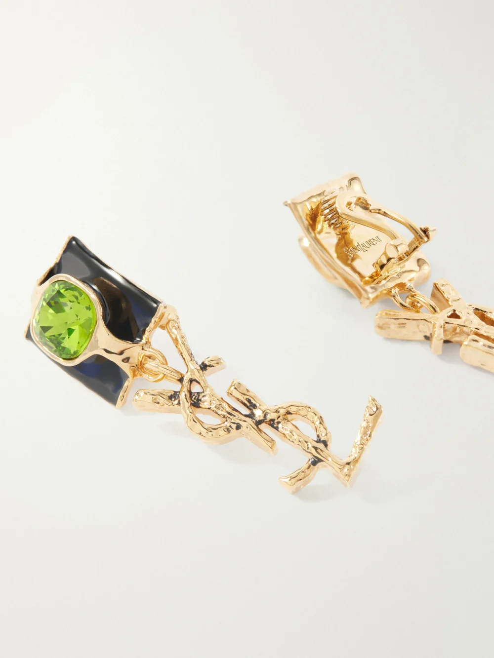 Close-up detail of the Saint Laurent Cassandre-embellished Gold-tone, Crystal and Enamel Earrings