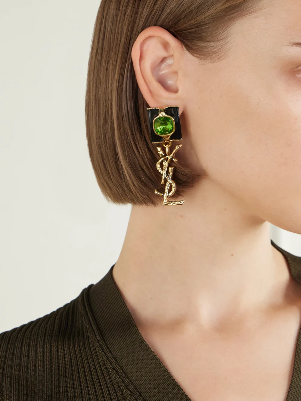 Saint Laurent Cassandre-embellished Gold-tone, Crystal and Enamel Earrings, styled view