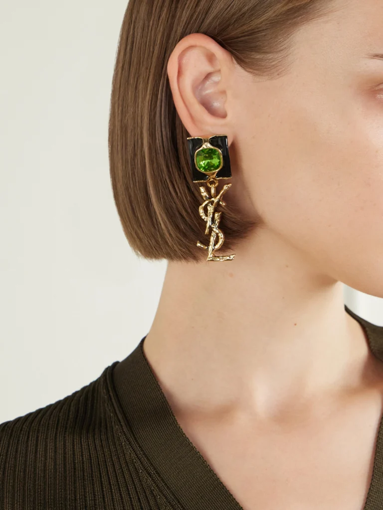 Saint Laurent Cassandre-embellished Gold-tone, Crystal and Enamel Earrings