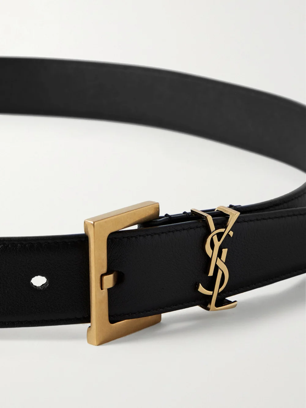 Close-up detail of the Saint Laurent Cassandre Embellished Leather Belt