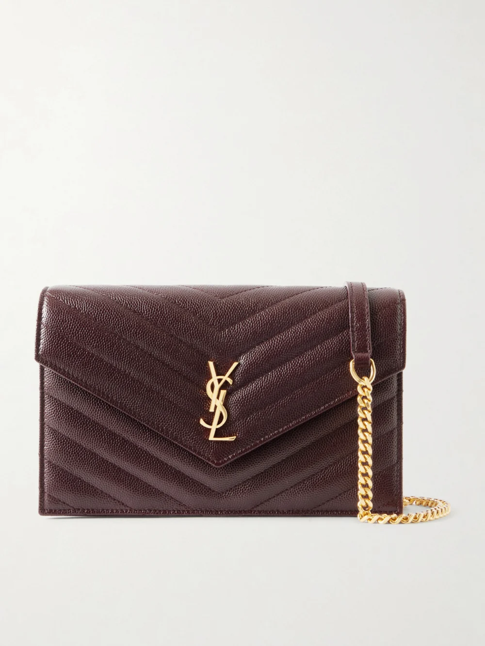 Saint Laurent Cassandre Envelope Chain Mini Matelassé Leather Wallet in burgundy