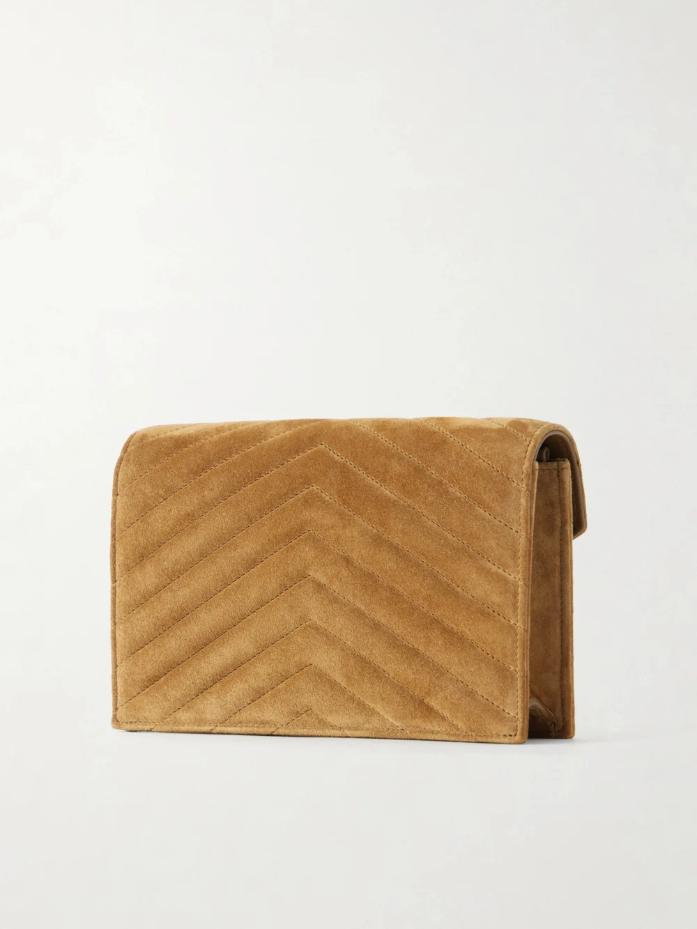 Back view of the Saint Laurent Cassandre Envelope Matelassé Logo-detailed Suede Shoulder Bag