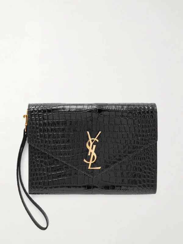Saint Laurent Cassandre Glossed Croc-effect Leather Pouch