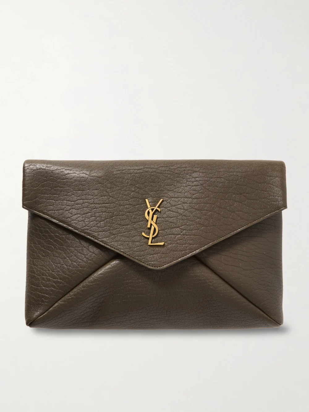 Saint Laurent Cassandre Large Textured-leather Clutch in dark green