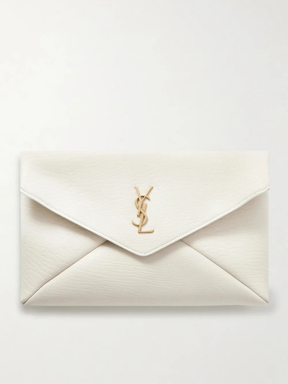Saint Laurent Cassandre Large Textured-leather Clutch in off-white