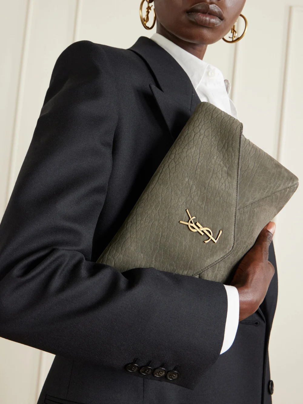 Saint Laurent Cassandre Large Textured-nubuck Clutch, styled view