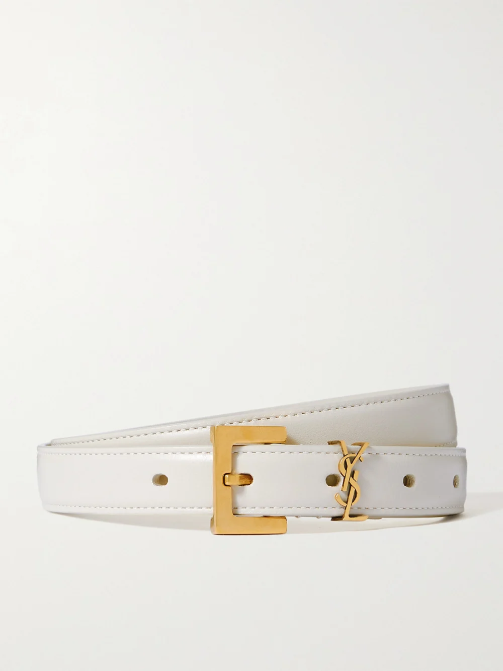 Saint Laurent Cassandre Leather Belt in off-white