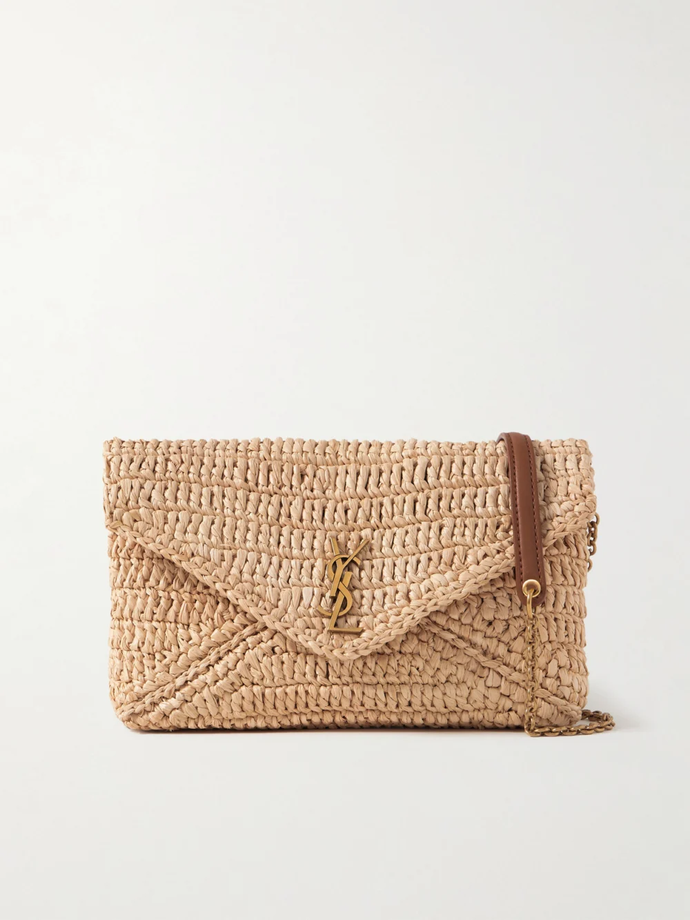 Saint Laurent Cassandre Leather-trimmed Raffia Shoulder Bag in beige