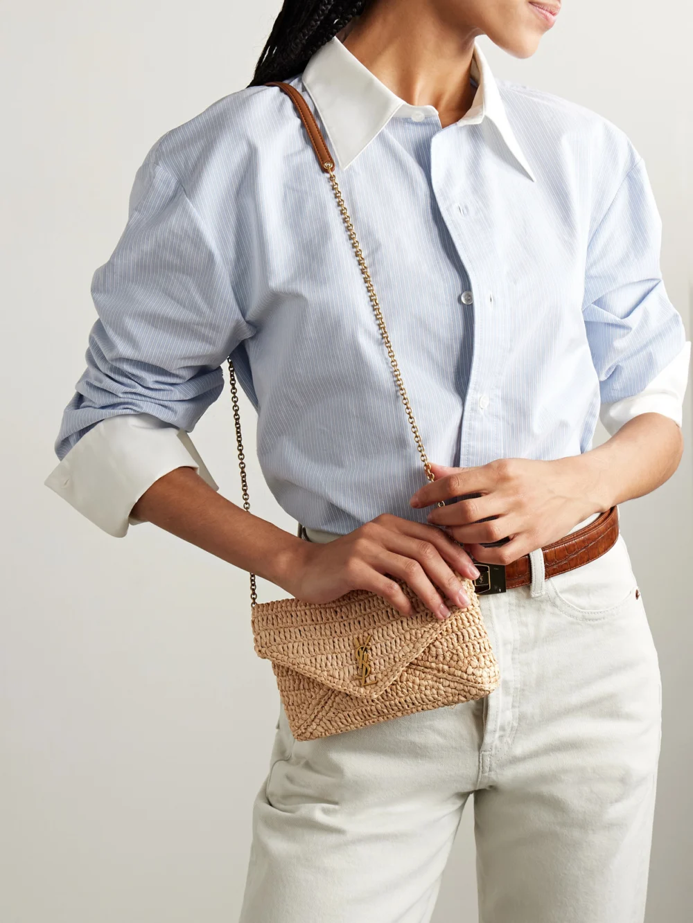 Saint Laurent Cassandre Leather-trimmed Raffia Shoulder Bag, styled view