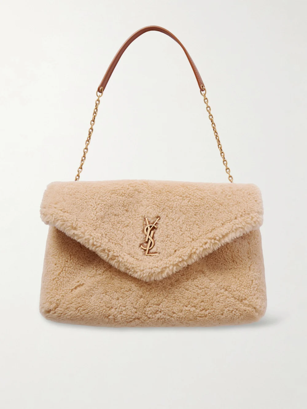 Saint Laurent Cassandre Leather-trimmed Shearling Shoulder Bag in cream